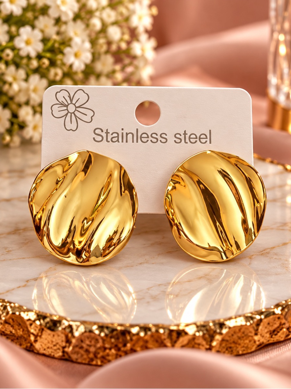 Stainless Steel Gold Rippled Disc Stud Earrings